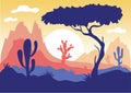 Landscape of mountains, trees and cactuses with sunset background